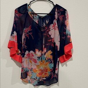 Express Floral Sheer Blouse - Navy and Coral